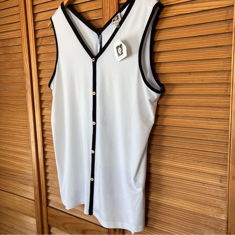 Anne Klein White Black Trim V-Neck Tank Top Gold Buttons Sleeveless Large NWT